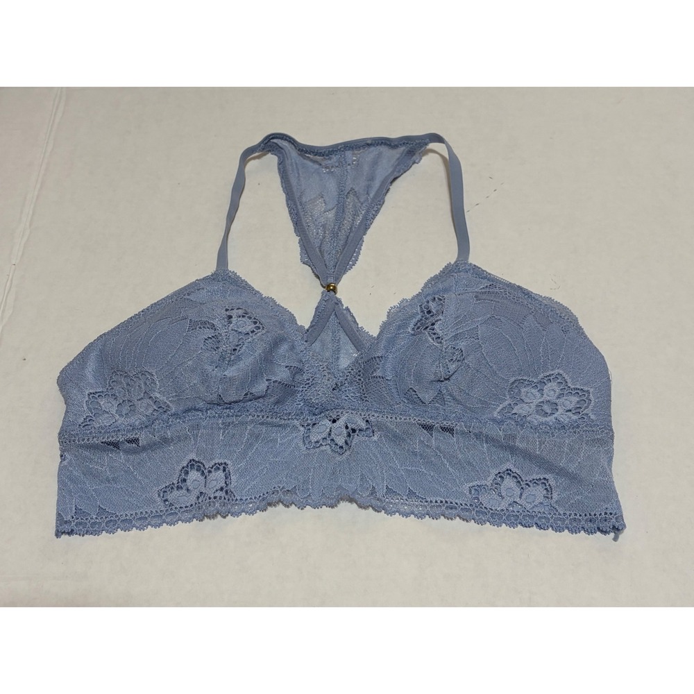 Aerie Women Small Blue Floral Lace Racerback Bralette T-Strap Gold Bead Detail